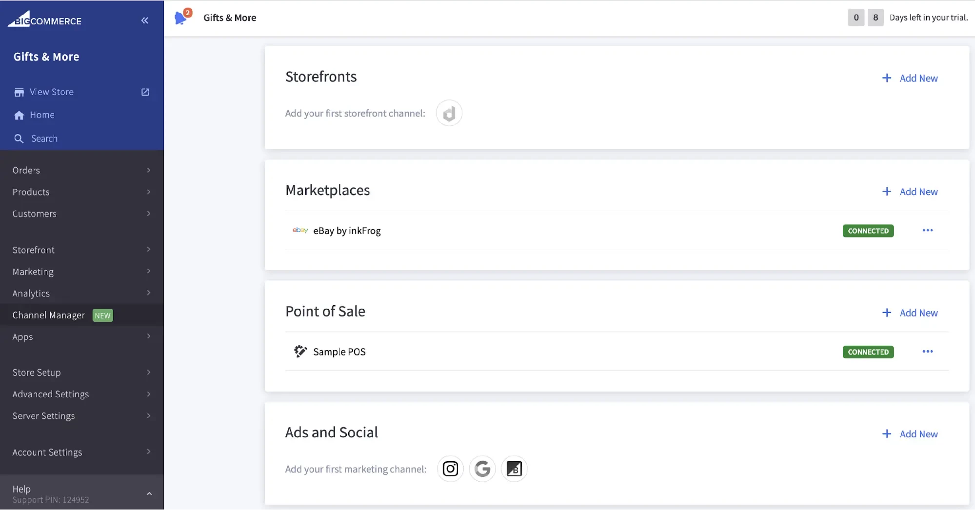 Интерфейс Channel Manager в BigCommerce
