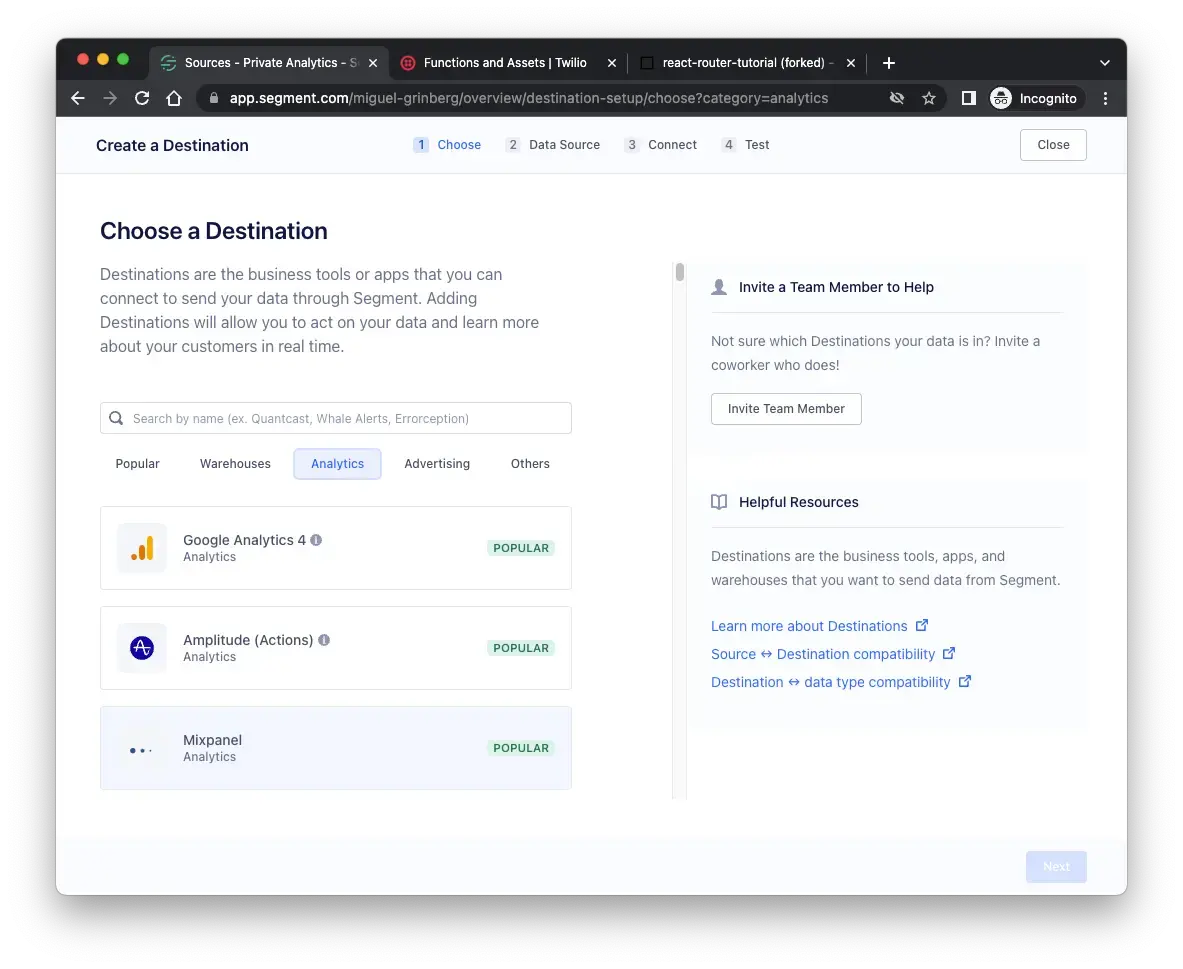 Інтерфейс Twilio Segment Destinations 