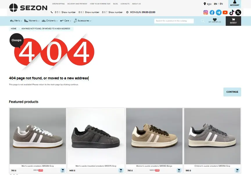 Пример рекомендаций на странице 404