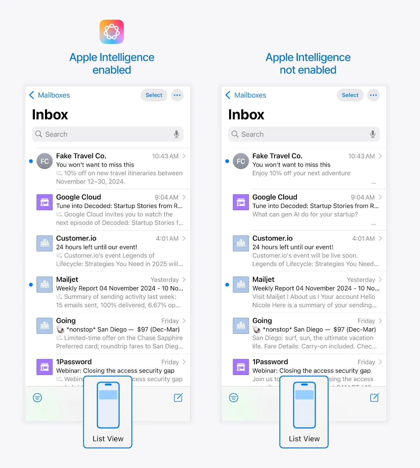 Приклад поштової скриньки з увімкненим Apple Intelligence та без нього Приклад поштової скриньки з увімкненим Apple Intelligence та без нього