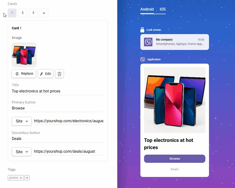 Создание Viber-сообщения с каруселью карточек