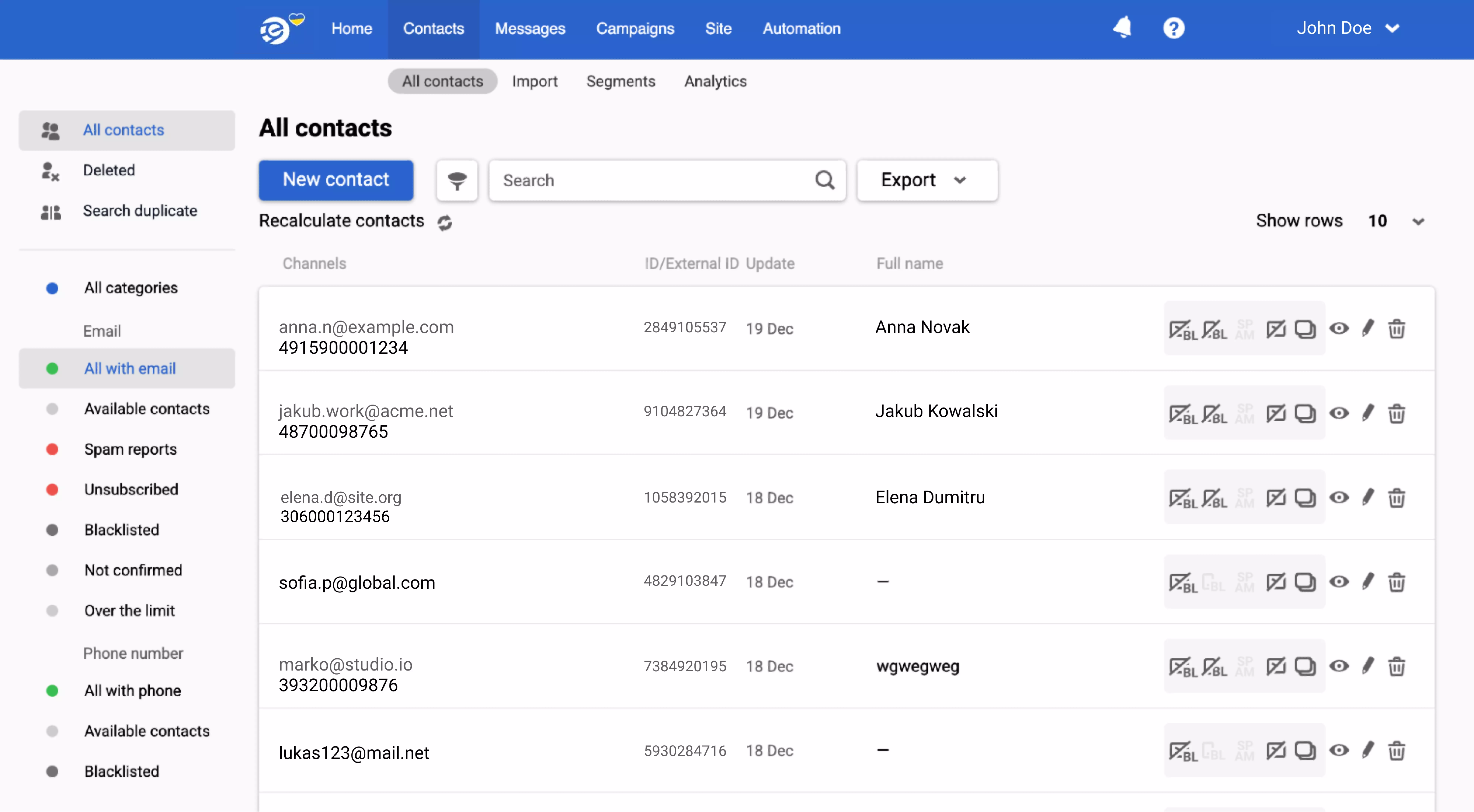Управление списком контактов в eSputnik