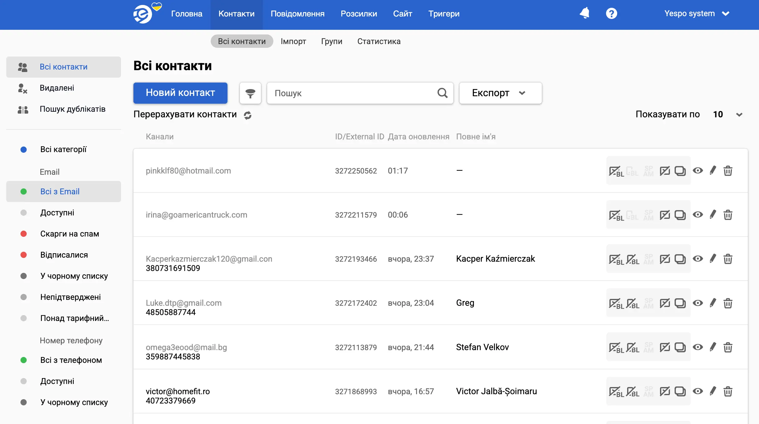 Управління списком контактів в eSputnik