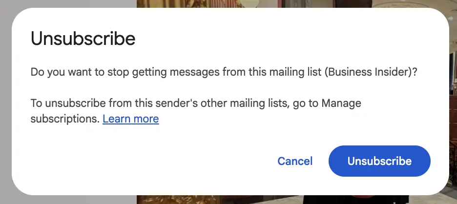 Окно отписки Gmail