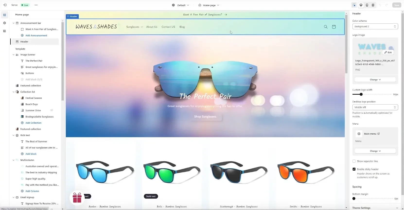 Интерфейс редактора тем Shopify