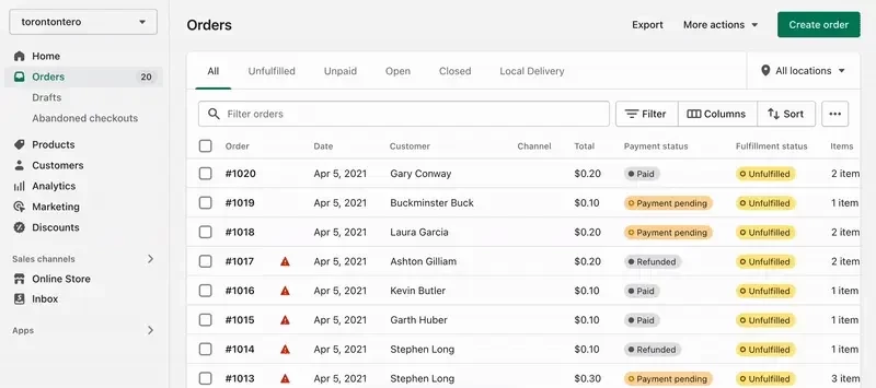 Раздел “Заказы” на панели инструментов Shopify