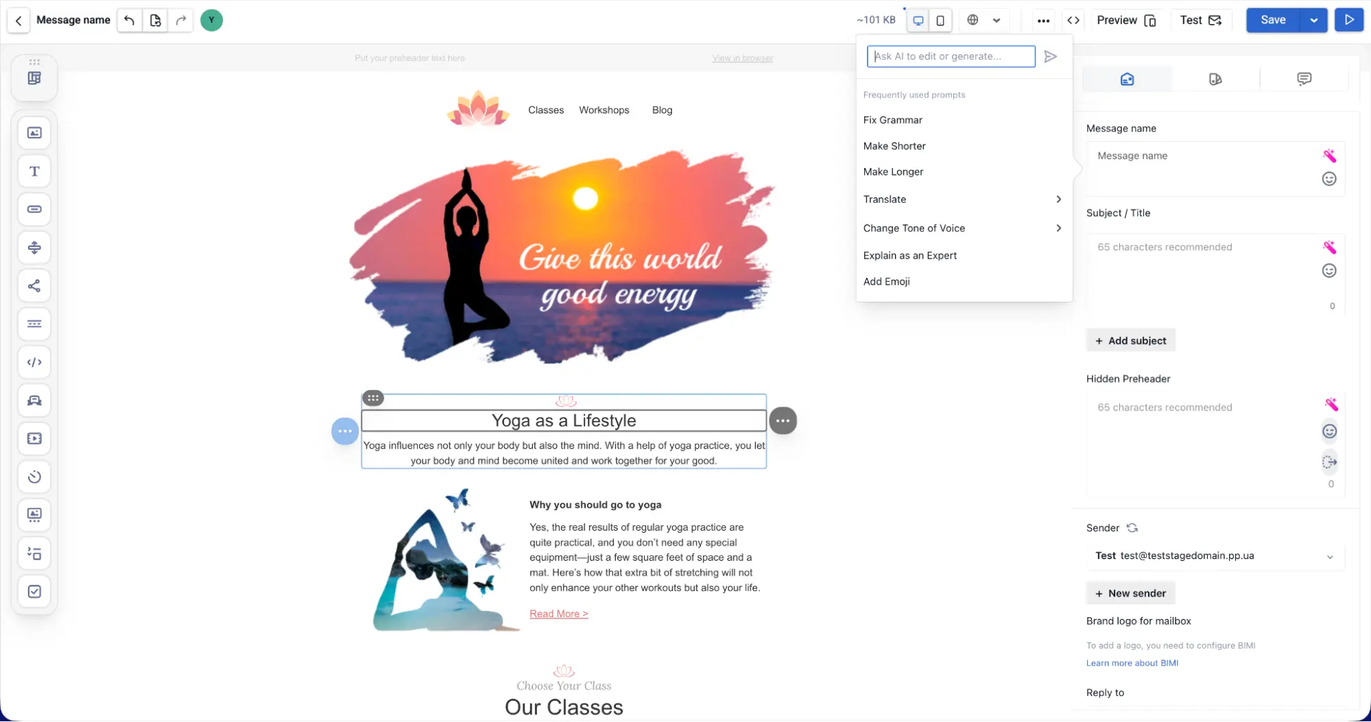 Встроенный email-редактор eSputnik с AI-помощником