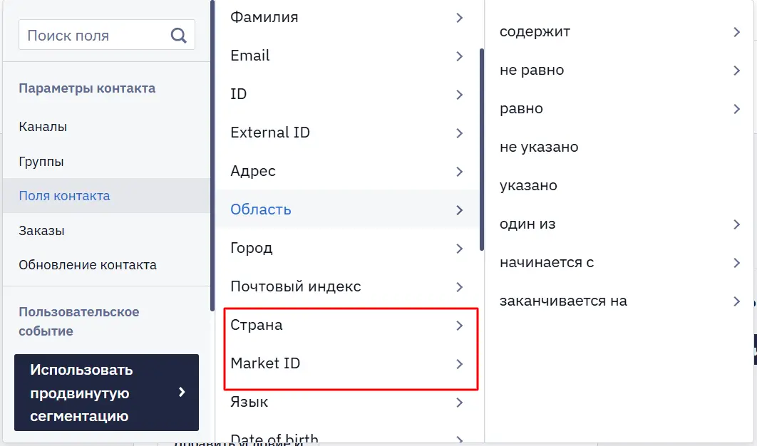 Поля Страна и Market ID в динамической группе