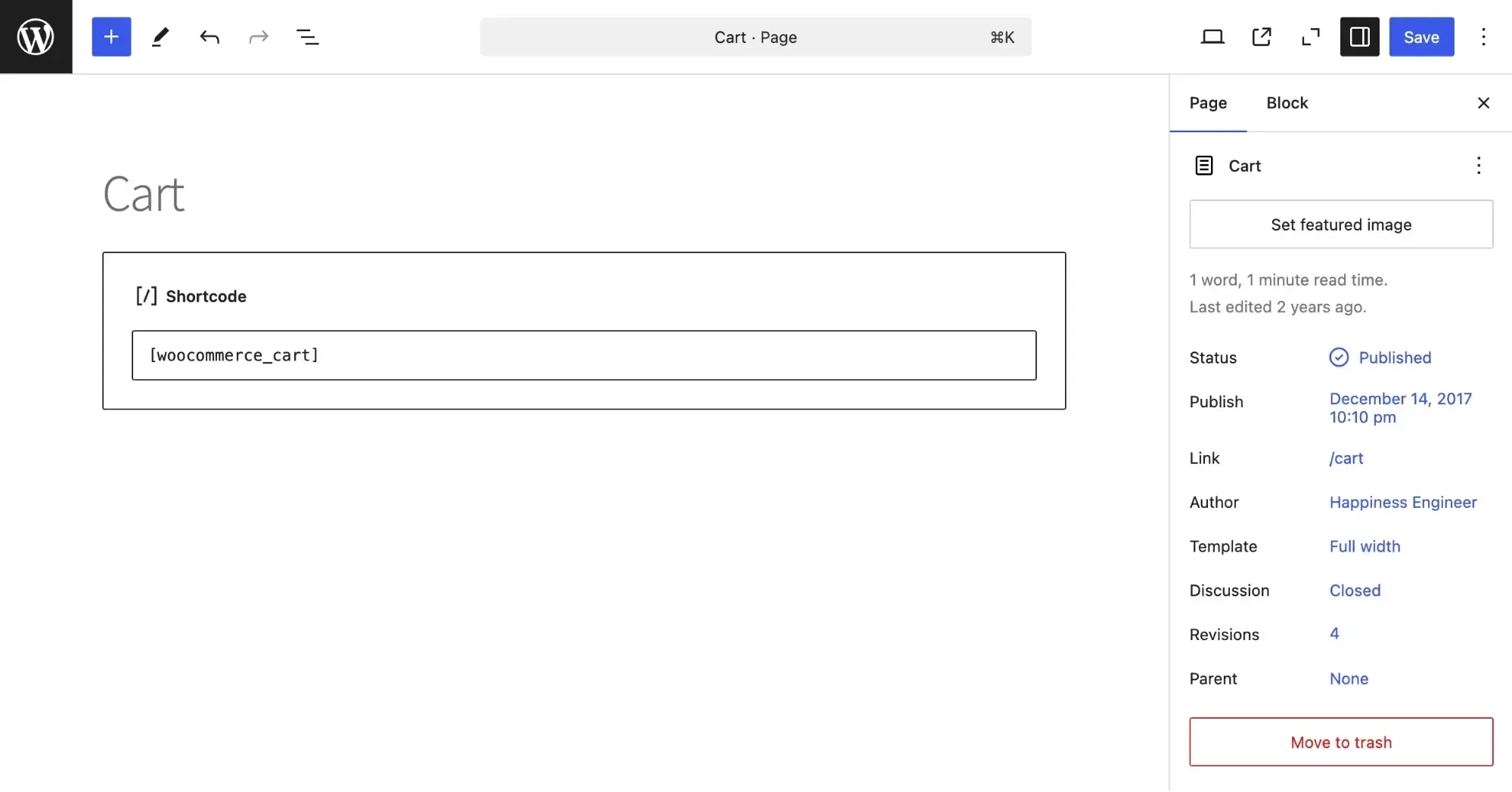 Редактор WooCommerce с шорткодом [woocommerce_cart]