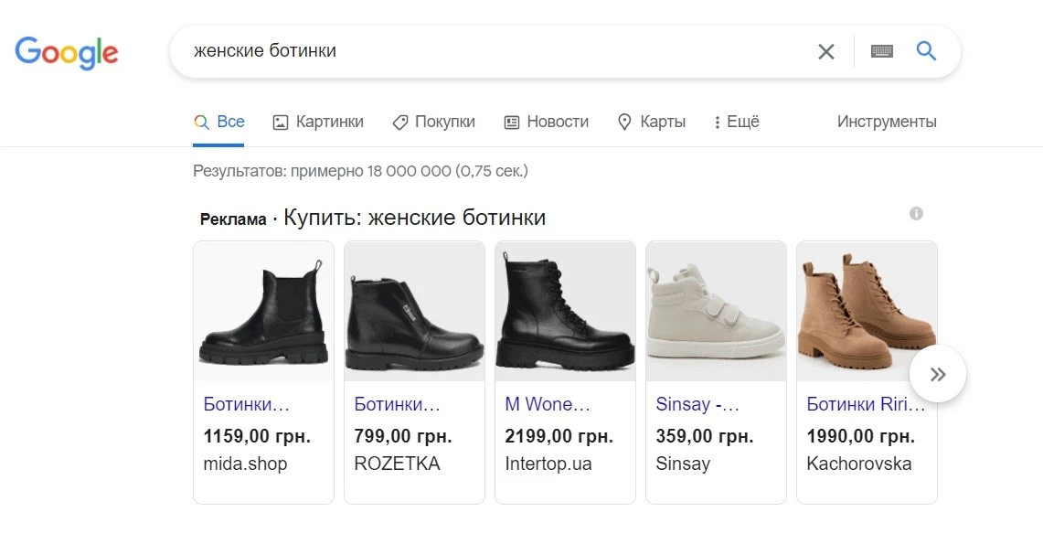 Пример торговой кампании Google Ads