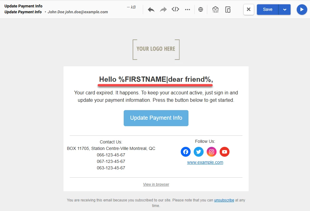 Приклад використання тегу персоналізації