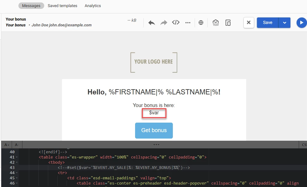 Додавання $var в повідомленні